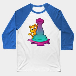Cat at Chess with Chess piece Rook Baseball T-Shirt
